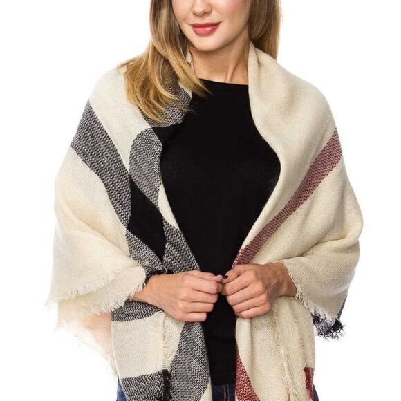 Cream Black Red Tartan Blanket Scarf / Wrap - Picture 1 of 3